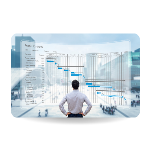 Project manager working with Gantt chart planning schedule, tracking milestones and deliverables and updating tasks progress.