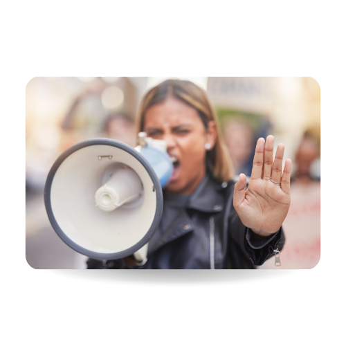 Angry female activist shouting, protesting or announcement for human rights or awareness. 