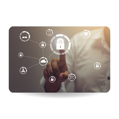 A man touching a digital screen with icons. Cybersecurity concept network of connected devices and personal data security