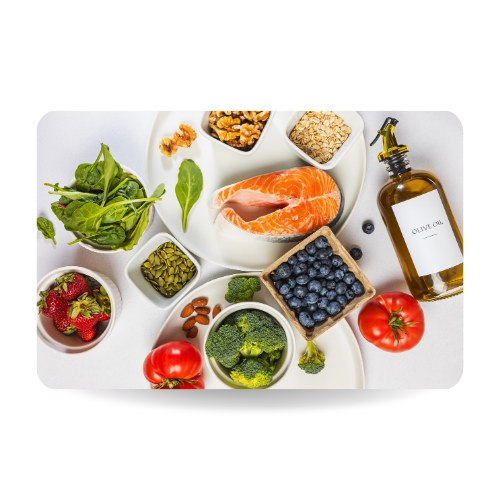 Variety of fresh, whole unprocessed food; healthy nutrition, anti-inflammatory diet products, top view.